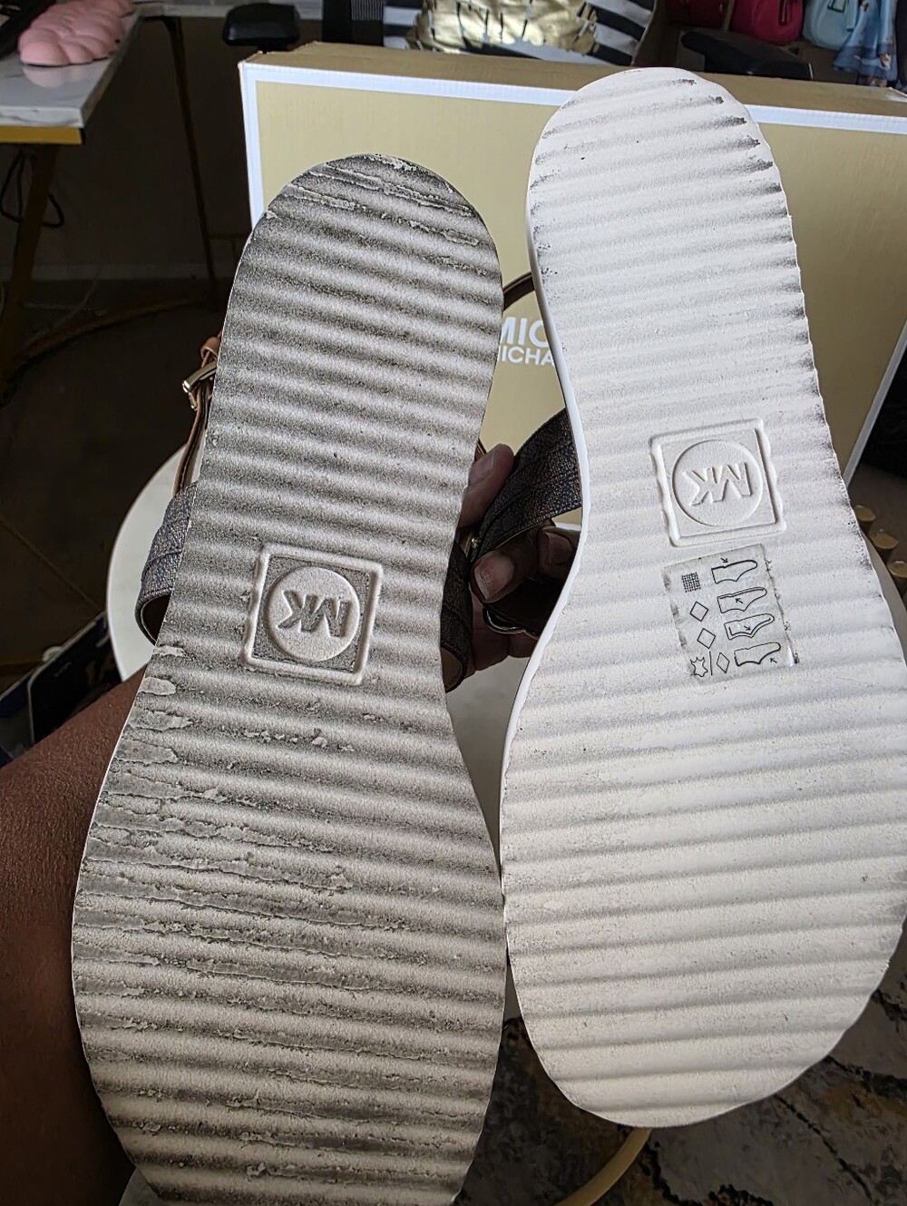 Michael Kors Brown Logo-Print Thong Sandals with Gold MK Accent - Picture 4 of 10